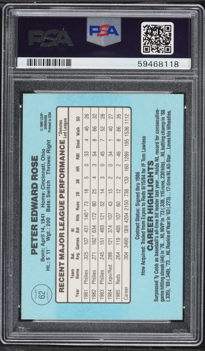 1986 Donruss Pete Rose #62 PSA 9 MINT