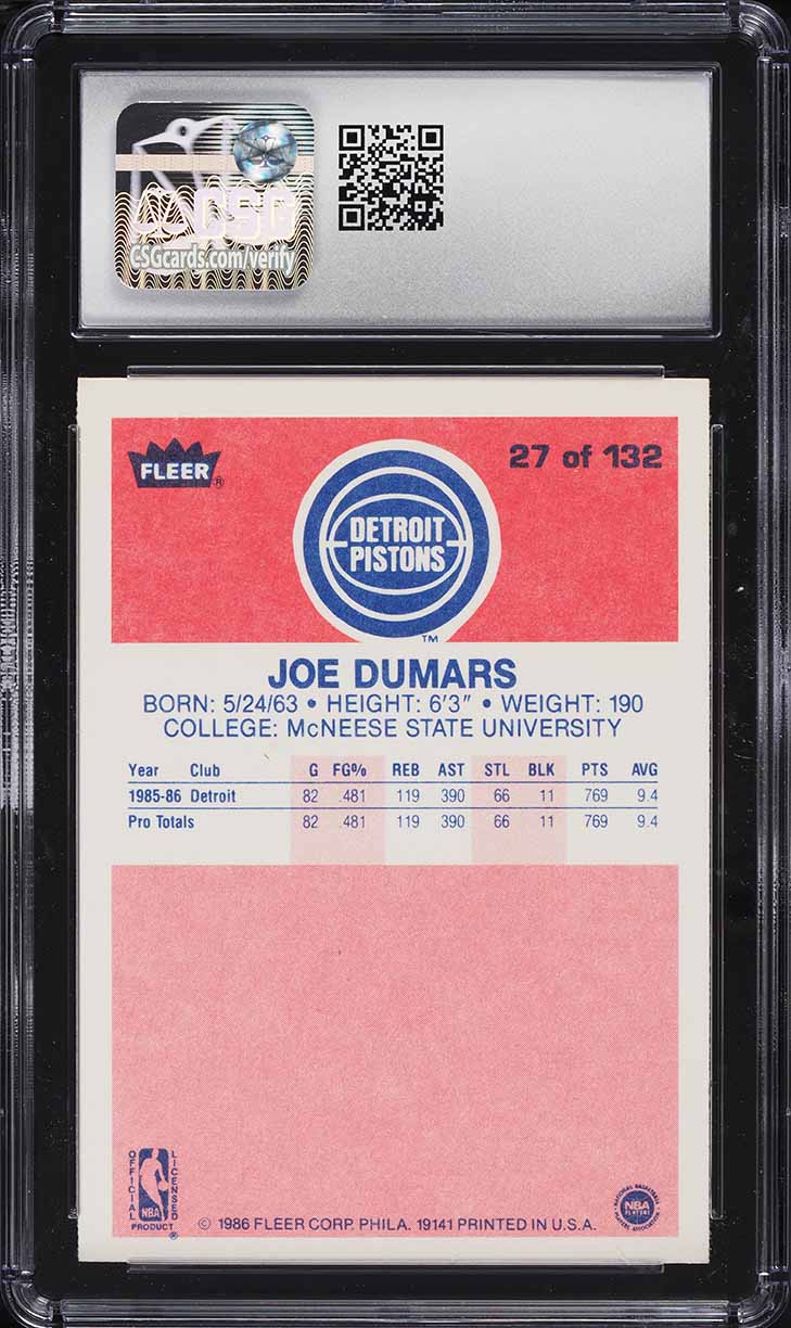 1986 Fleer Basketball Joe Dumars ROOKIE #27 CSG 8.5 NM-MT+