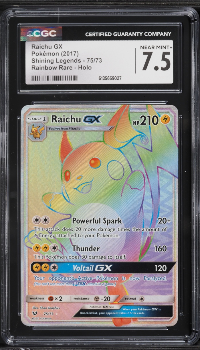 2017 Pokemon Sun & Moon Shining Legends Rainbow Rare Raichu GX #75 CGC 7.5 NRMT+