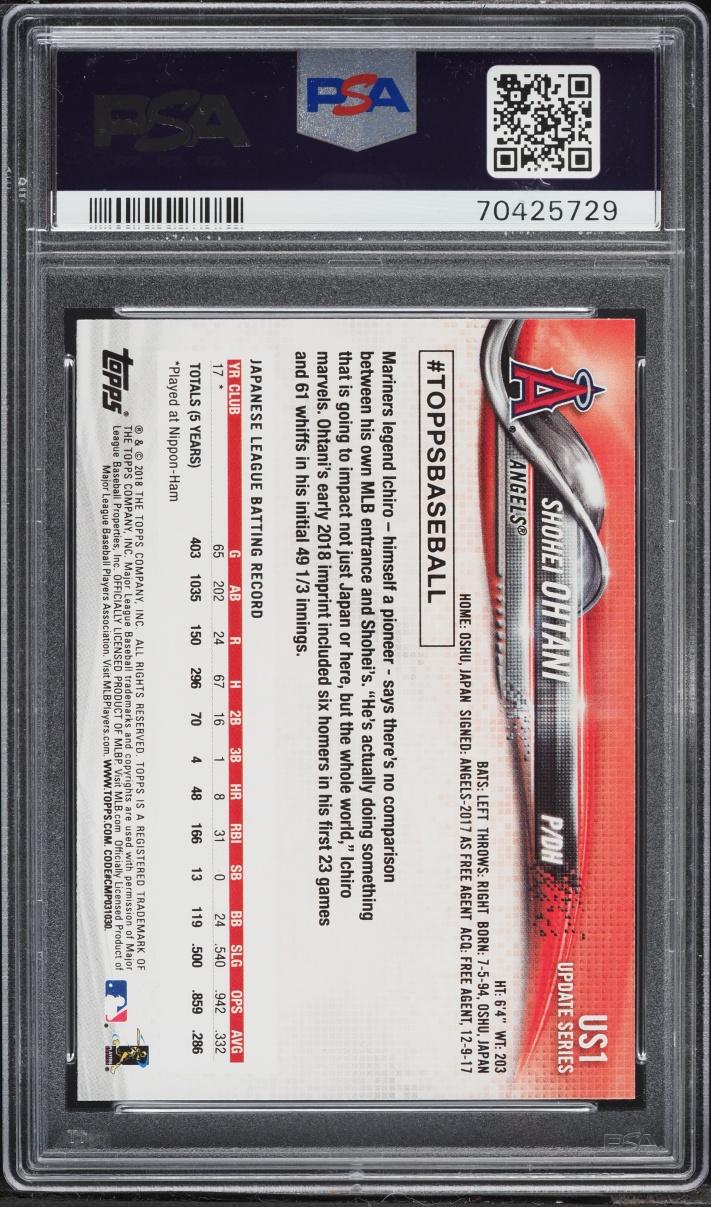 2018 Topps Update Warm Up Shirt Shohei Ohtani ROOKIE #US1 PSA 9 MINT