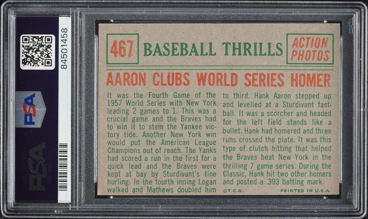 1959 Topps Hank Aaron CLUBS WORLD SERIES HOMER #467 PSA 6 EXMT