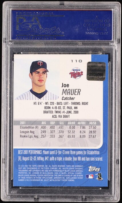 2002 Bowman's Best Blue Joe Mauer PROSPECT AUTO #110 PSA 9 MINT