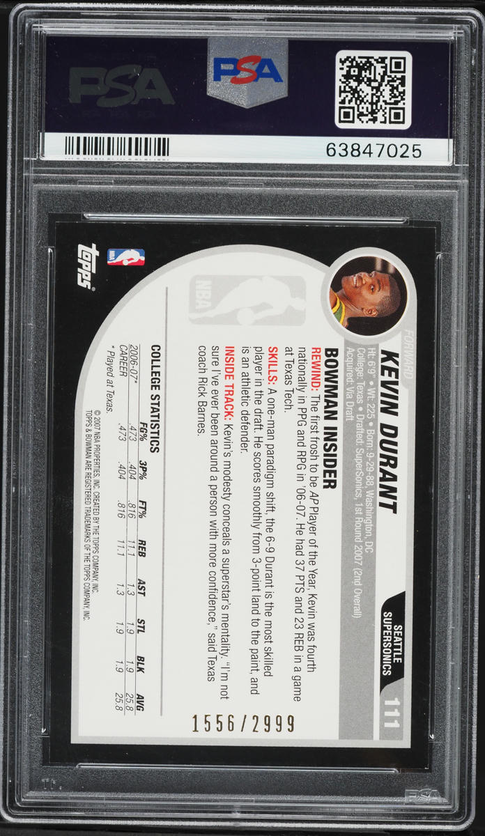 2007 Bowman Basketball Kevin Durant ROOKIE /2999 #111 PSA 8 NM-MT
