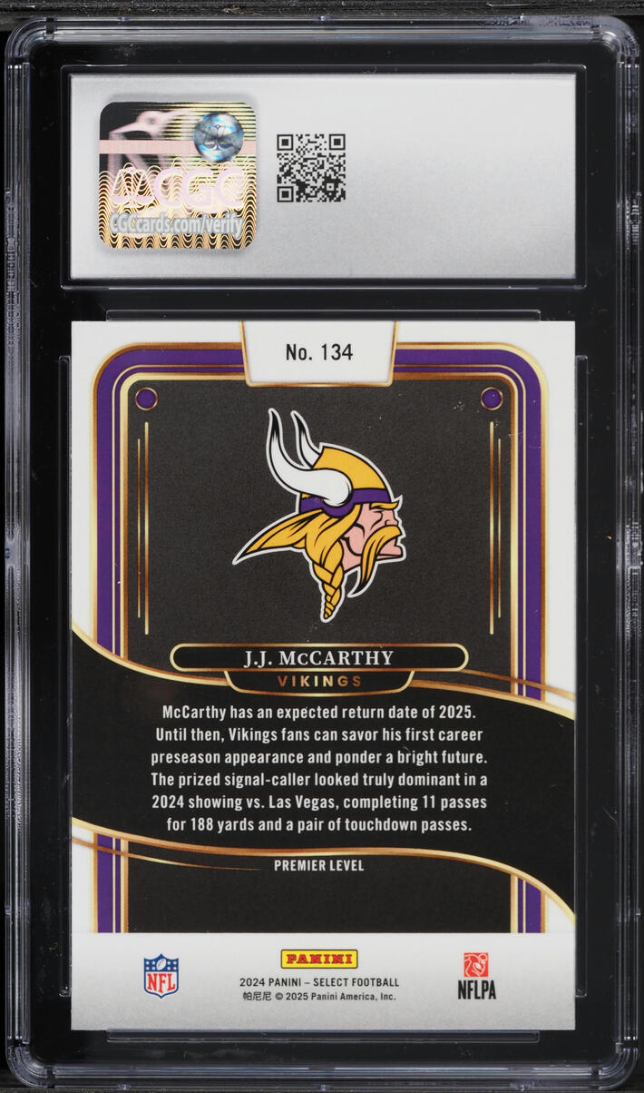 2024 Select Premier Level J.J. McCarthy ROOKIE #134 CGC 8.5 NM-MT+