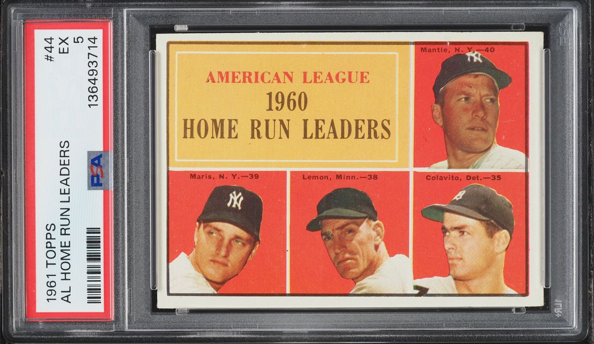 1961 Topps Mickey Mantle & Roger Maris AL HOME RUN LEADERS #44 PSA 5 EX