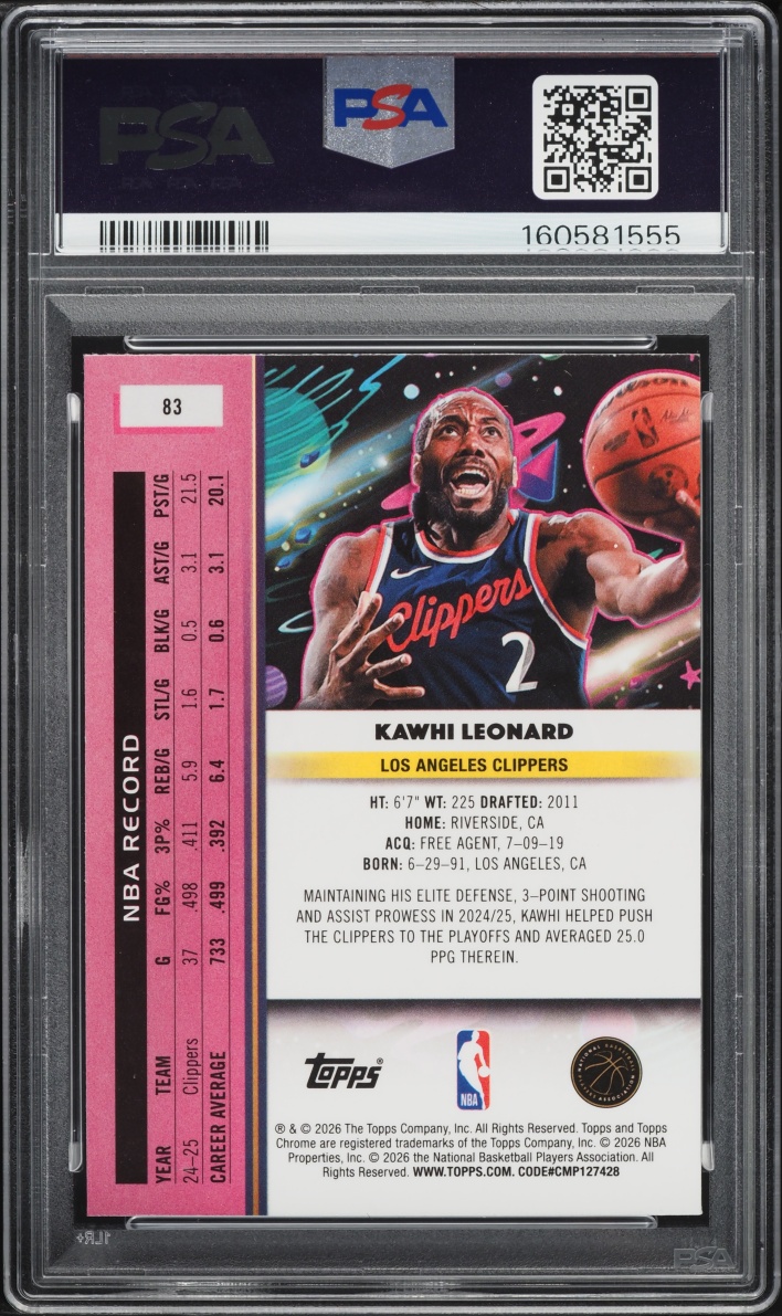 2025 Topps Chrome Cosmic Purple Nebula Kawhi Leonard /150 #83 PSA 10 GEM MINT