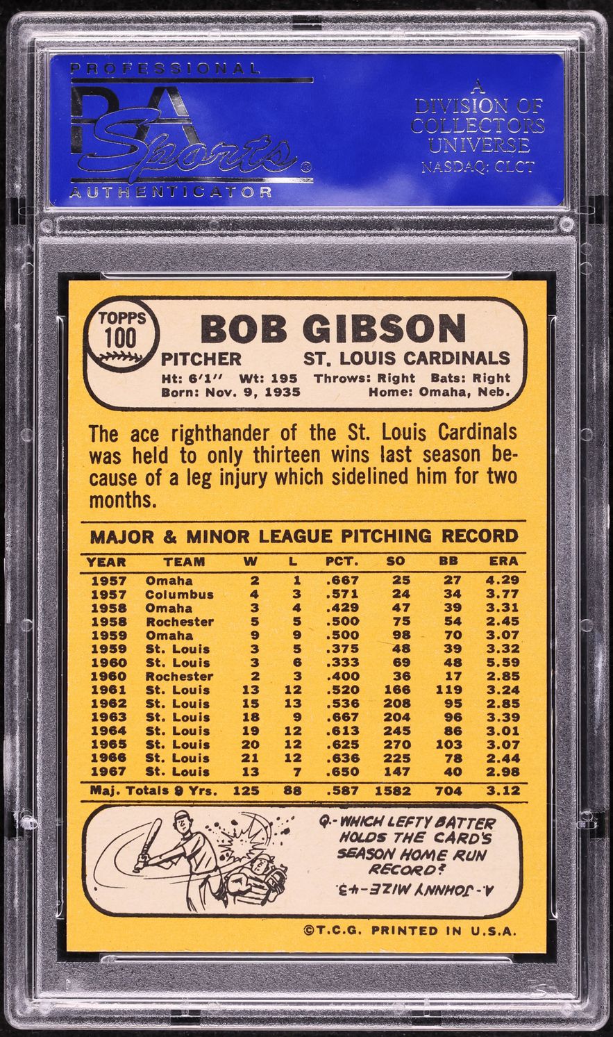 1968 Topps Bob Gibson #100 PSA 10 GEM MINT