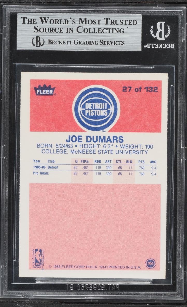 1986 Fleer Basketball Joe Dumars ROOKIE #27 BGS 9 MINT