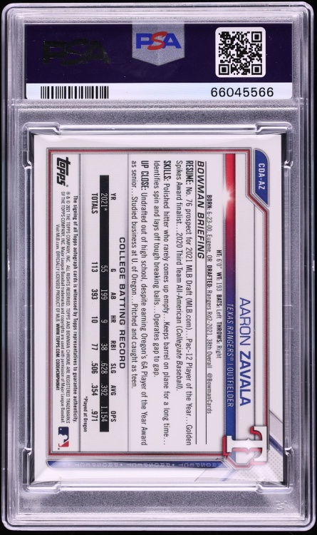 2021 Bowman Chrome Draft Picks Aaron Zavala PROSPECT AUTO #CDA-AZ PSA 10 GEM MINT