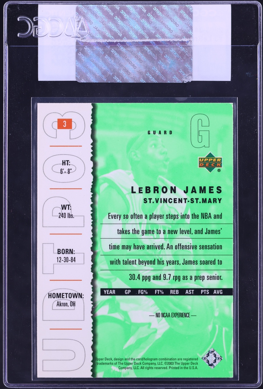 2003 Upper Deck Top Prospects LeBron James ROOKIE #3 CGC AUTH