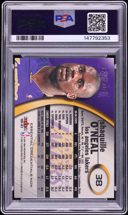 2000 Fleer E-X Essential Credentials Now Shaquille O'Neal /201 #38 PSA 9 MINT