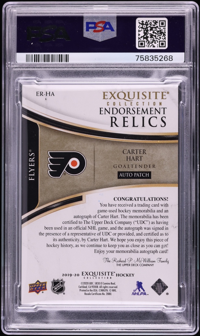 2019 Exquisite Collection Endorsement Carter Hart PATCH AUTO /50 #ER-HA PSA 9 MINT