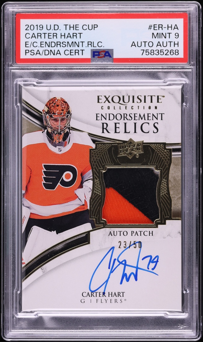 2019 Exquisite Collection Endorsement Carter Hart PATCH AUTO /50 #ER-HA PSA 9 MINT