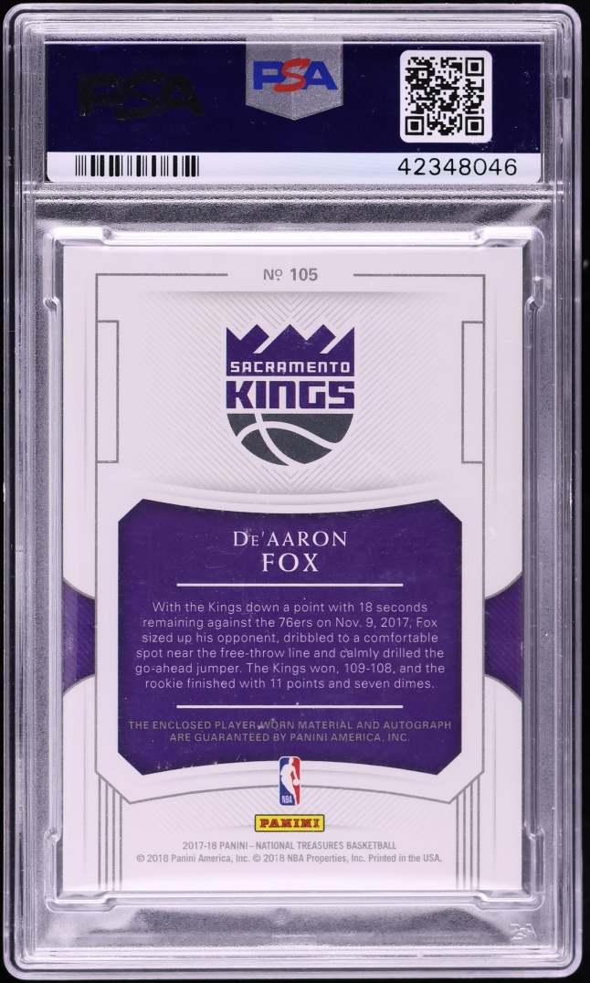 2017 National Treasures De'Aaron Fox ROOKIE PATCH AUTO /99 #105 PSA 10 GEM MINT