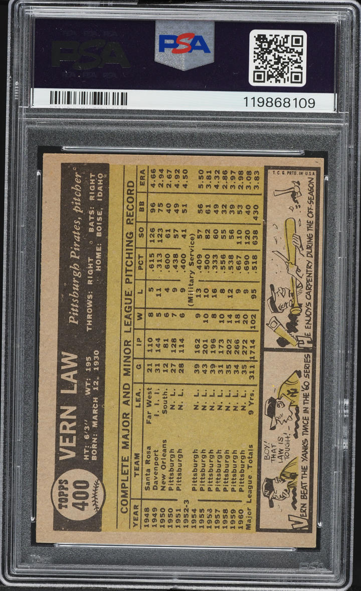 1961 Topps Vern Law #400 PSA 5 EX