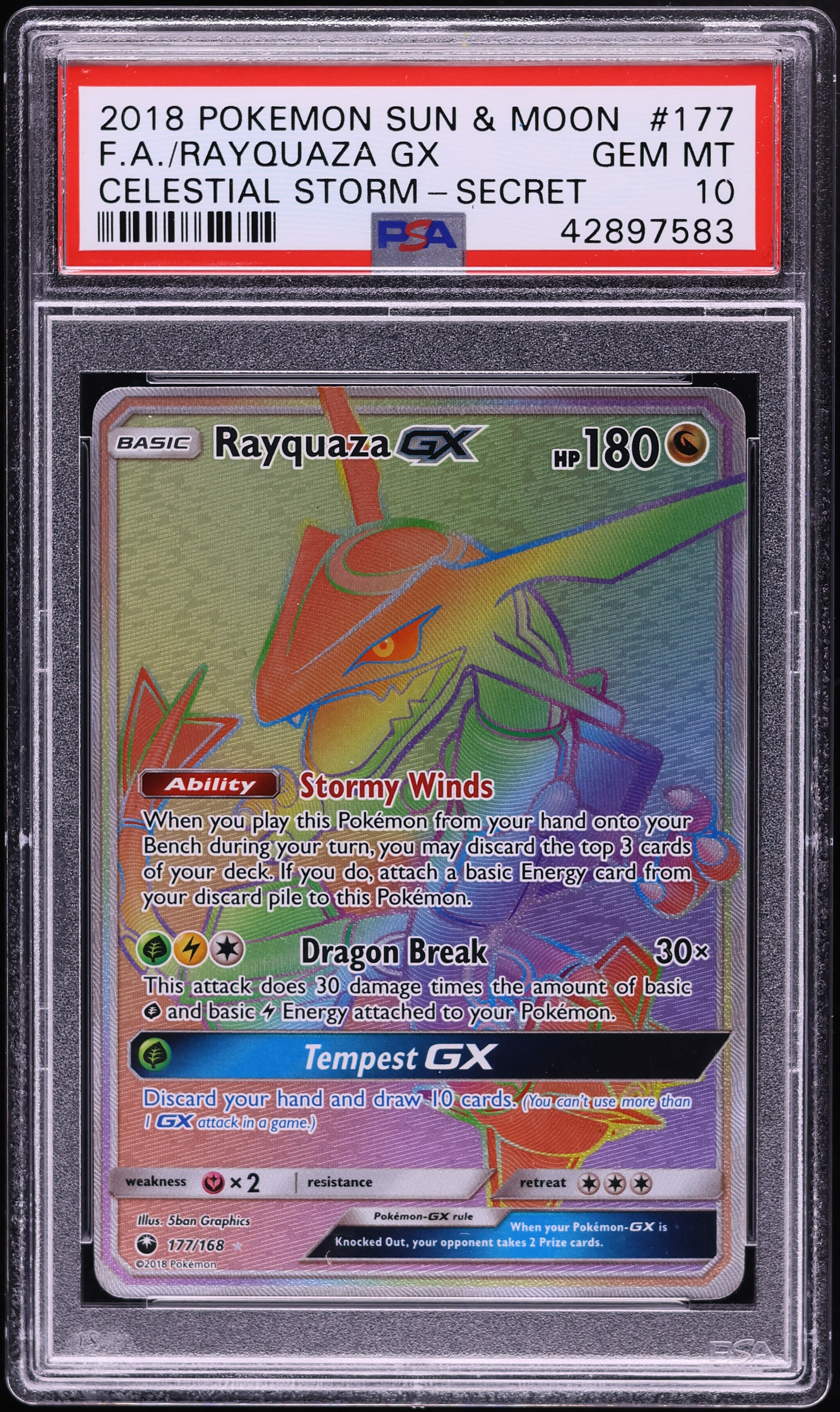2018 Pokemon Sun & Moon Celestial Storm Rainbow Rare Rayquaza GX #177 PSA 10 GEM MINT