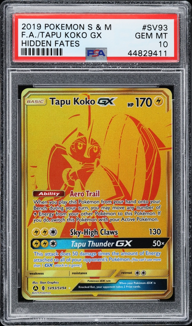 2019 Pokemon Sun & Moon Hidden Fates Shiny Vault Gold Rare Tapu Koko GX #SV93 PSA 10 GEM MINT