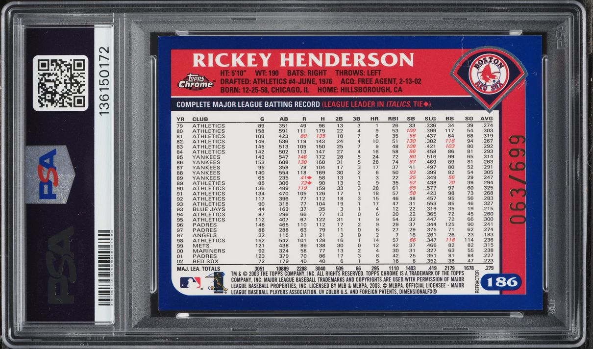 2003 Topps Chrome Refractor Rickey Henderson /699 #186 PSA 8 NM-MT