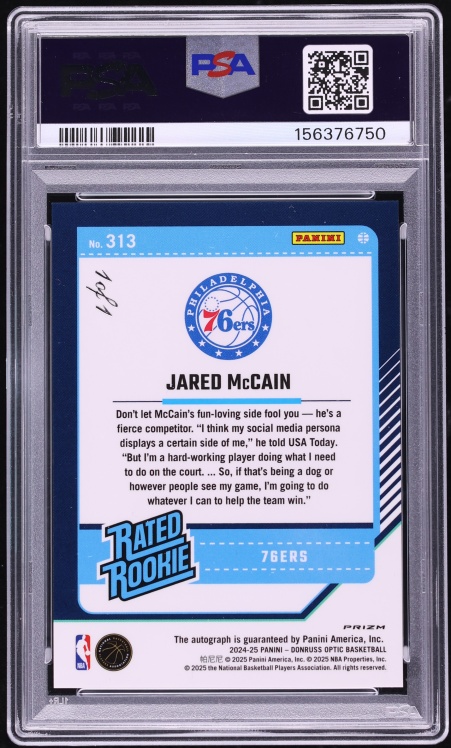 2024 Donruss Optic Black Fast Break Jared McCain ROOKIE AUTO 1/1 #313 PSA 10 GEM MINT