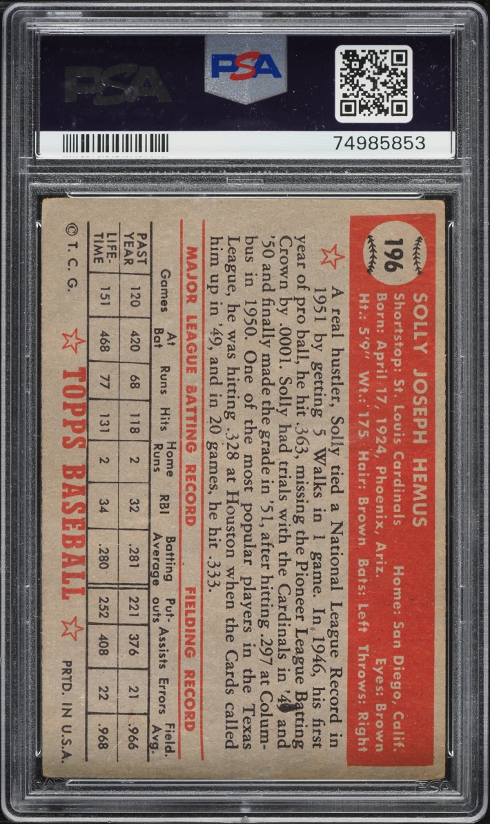 1952 Topps Solly Hemus #196 PSA 3 VG