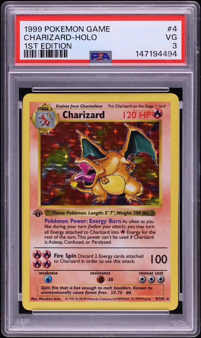 1999 Pokemon Base Set 1st Edition Shadowless Holo Charizard #4 PSA 3 VG