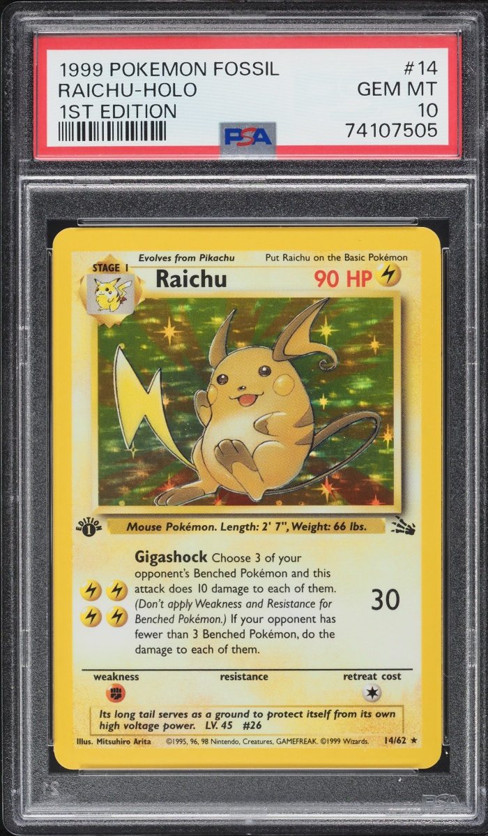 1999 Pokemon Fossil 1st Edition Holo Raichu #14 PSA 10 GEM MINT