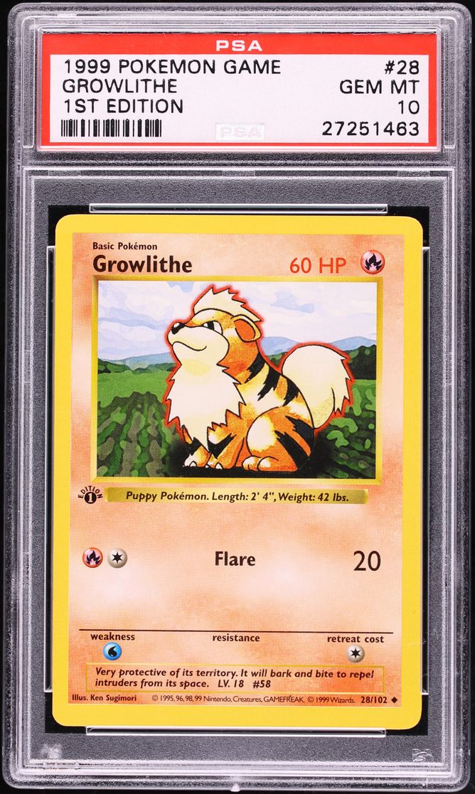 1999 Pokemon Base Set Shadowless 1st Edition Growlithe #28 PSA 10 GEM MINT