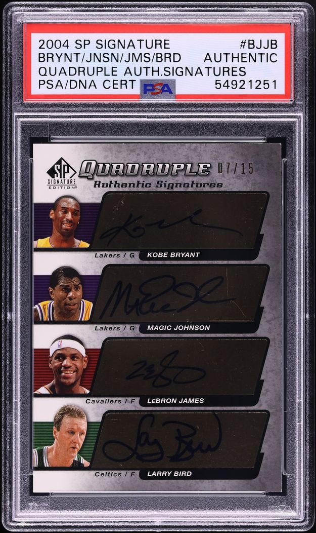 2004 SP Signature Quad Kobe Bryant Magic Johnson LeBron James Bird AUTO DNA 9 /15 PSA AUTH
