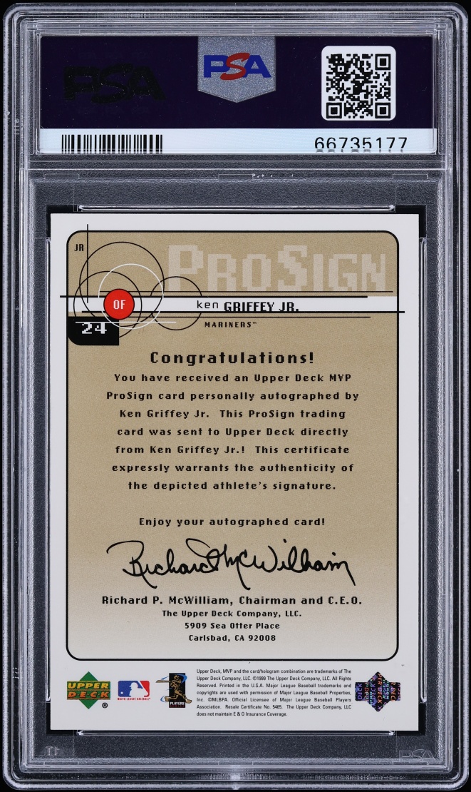 1999 Upper Deck MVP Prosign Ken Griffey Jr. AUTO #JR PSA 7 NRMT - Photo 2