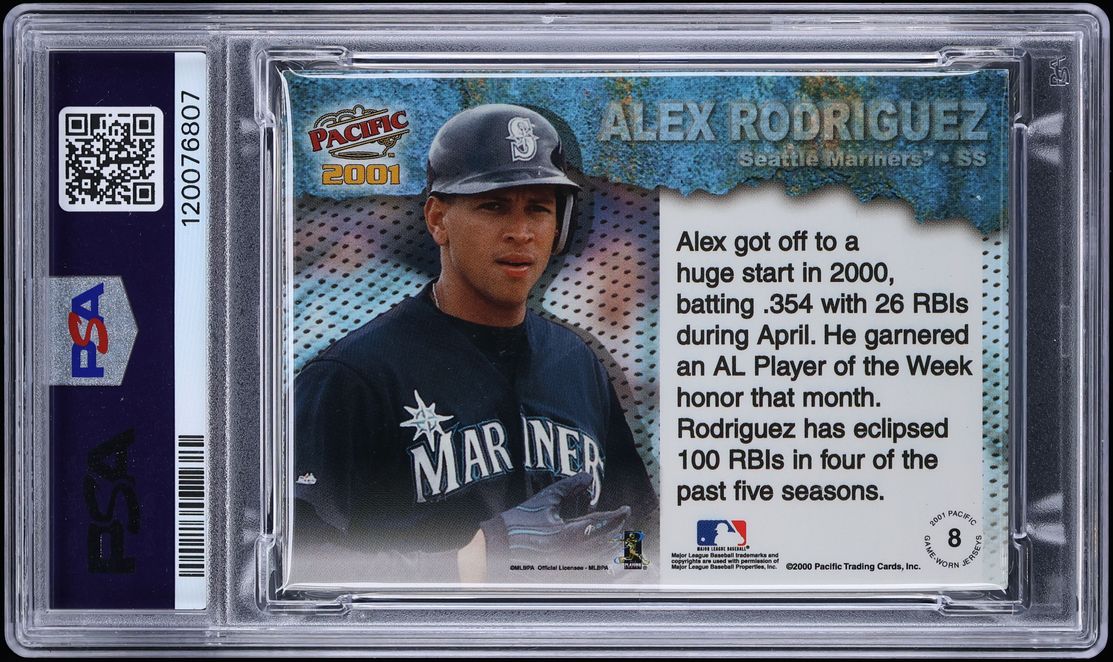 2001 Pacific Game Worn Jersey Alex Rodriguez PATCH /221 #8 PSA 5 EX - Photo 2