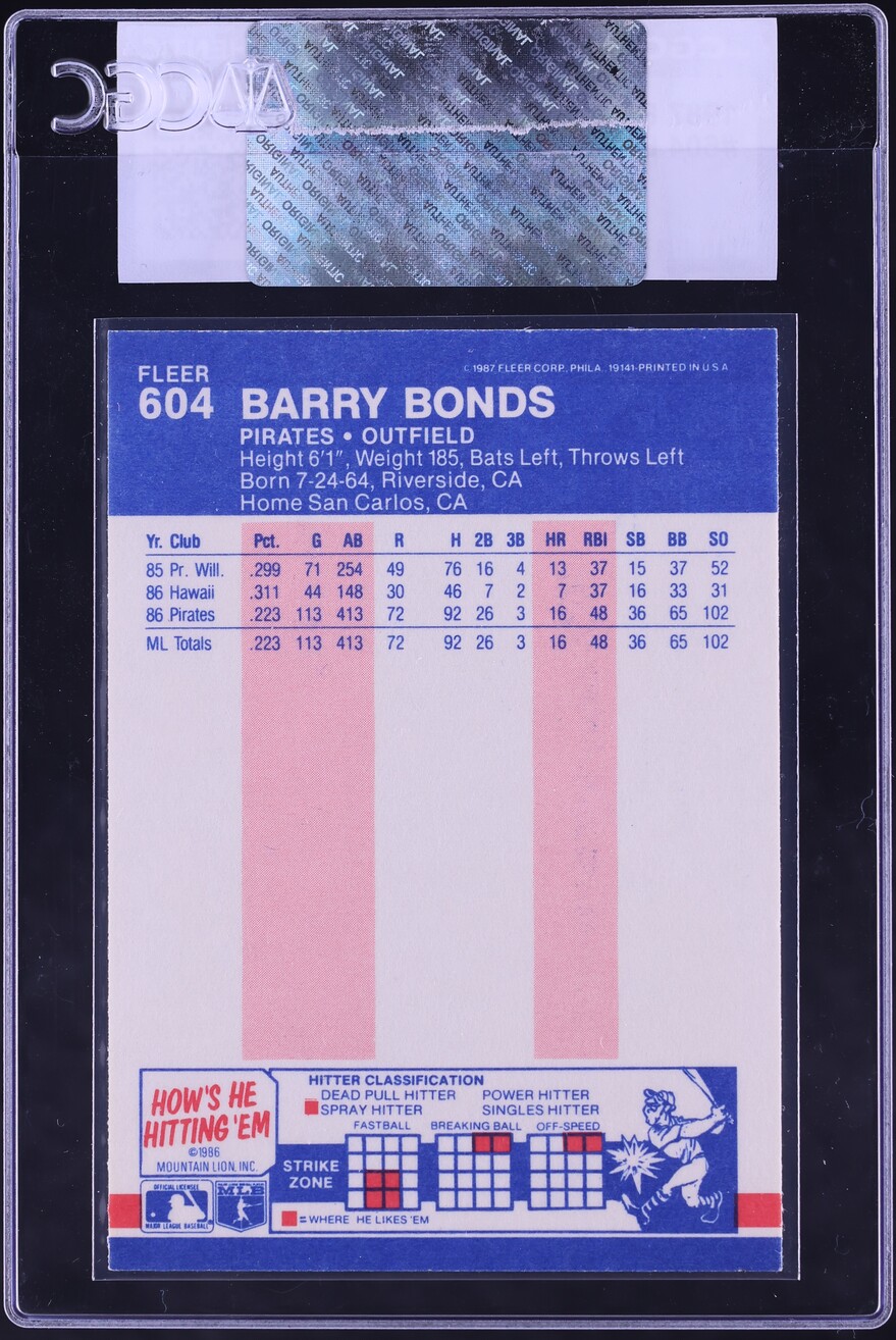 1987 Fleer Glossy Barry Bonds ROOKIE #604 CGC AUTH