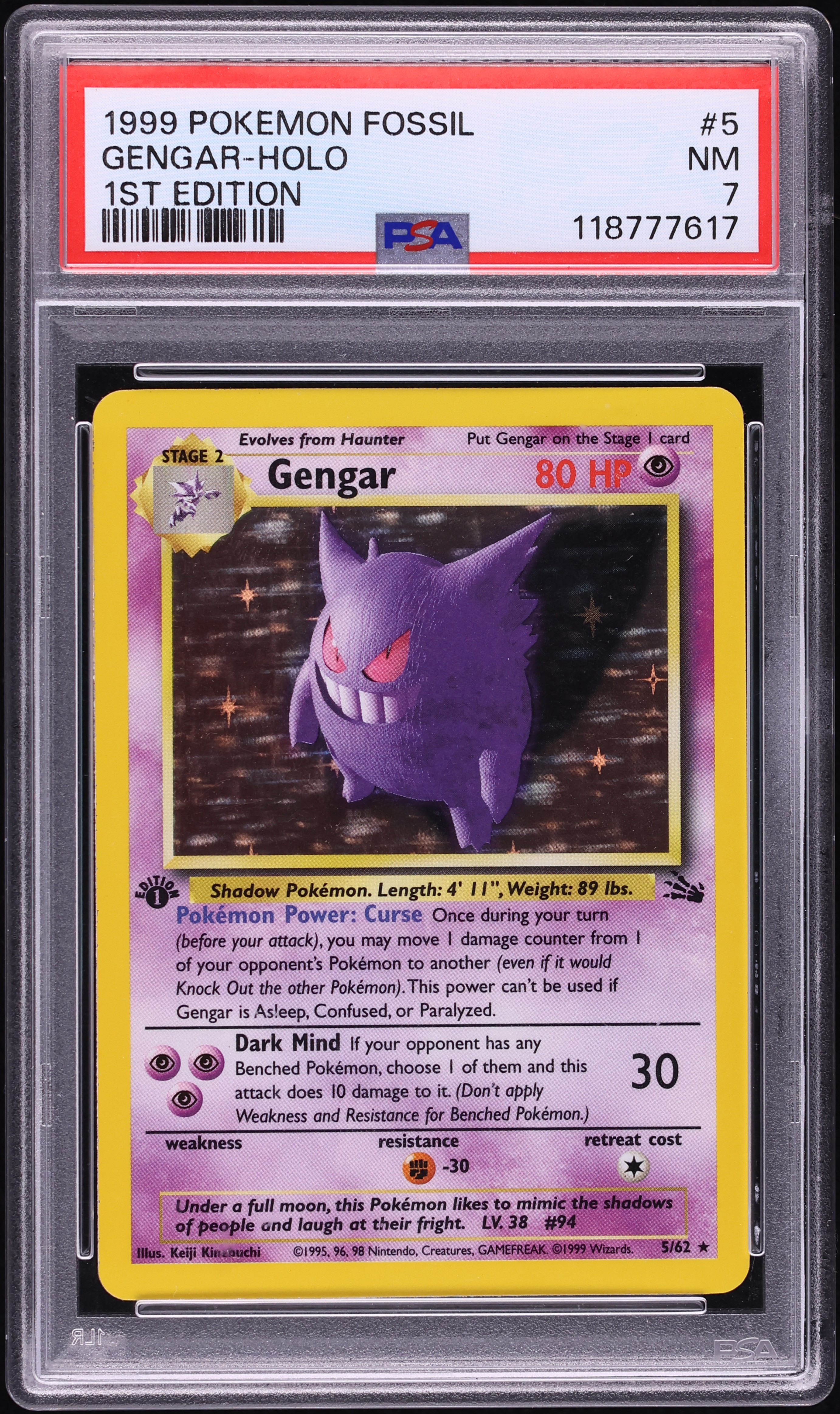 1999 Pokemon Fossil 1st Edition Holo Gengar #5 PSA 7 NRMT