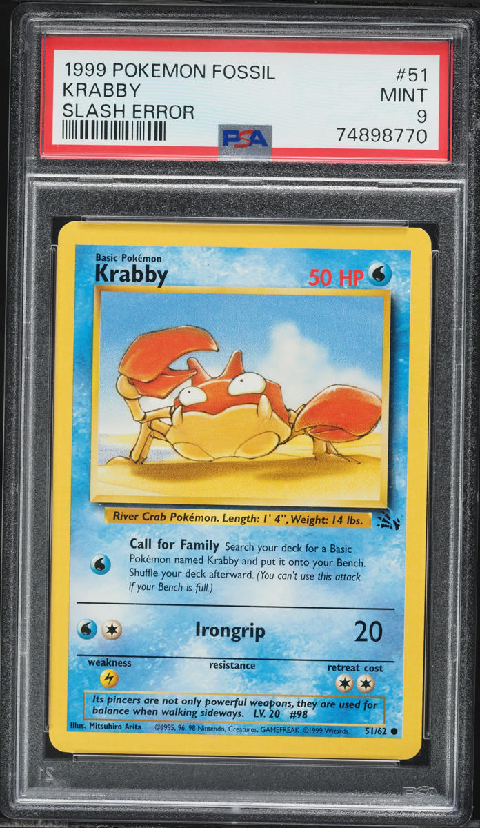1999 Pokemon Fossil Slash Error Krabby #51 PSA 9 MINT