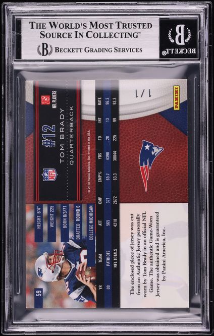 2010 Panini Limited Threads Prime Tom Brady NFL SHIELD PATCH 1/1 #59 BGS 8.5 NM-MT+