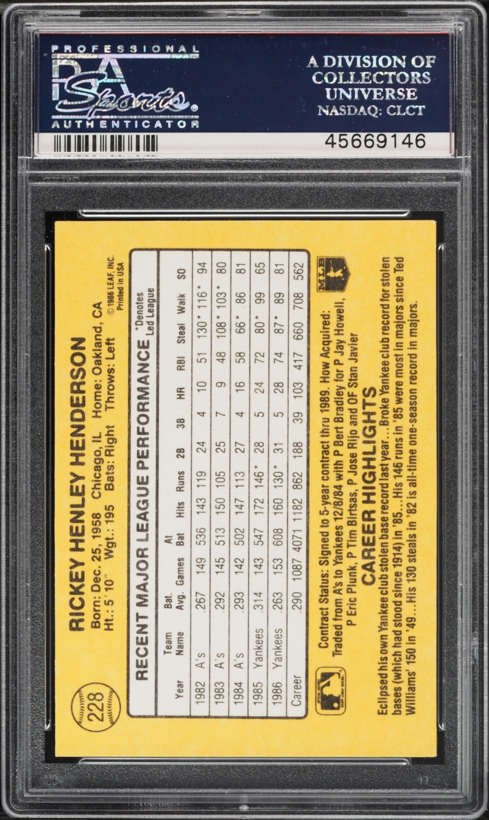 1987 Donruss Rickey Henderson #228 PSA 10 GEM MINT