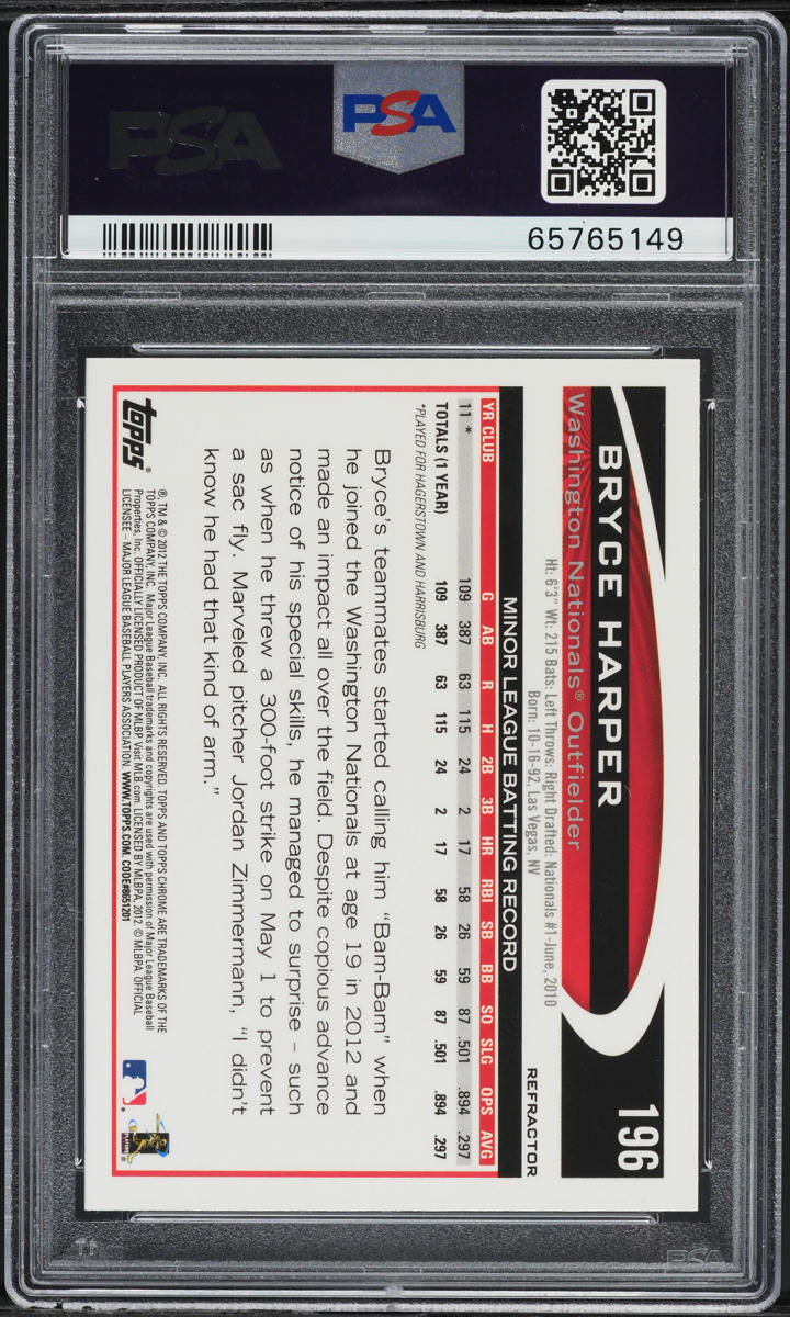 2012 Topps Chrome Purple Refractor Bryce Harper ROOKIE #196 PSA 10 GEM MINT
