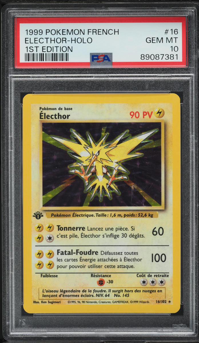 1999 Pokemon French Base Set 1st Edition Holo Zapdos Electhor #16 PSA 10 GEM