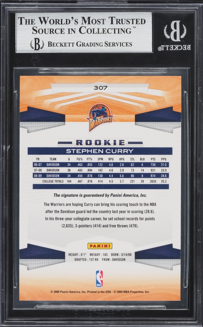 2009 Panini Inscriptions Stephen Curry ROOKIE AUTO #307 BGS 9 MINT