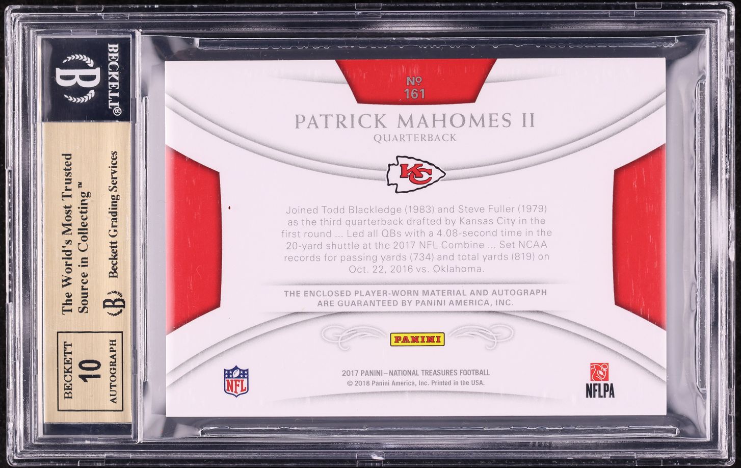 2017 National Treasures Patrick Mahomes ROOKIE PATCH AUTO /99 #161 BGS 9.5
