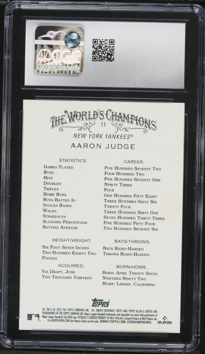 2022 Topps Allen & Ginter Aaron Judge #11 CGC 10 GEM MINT