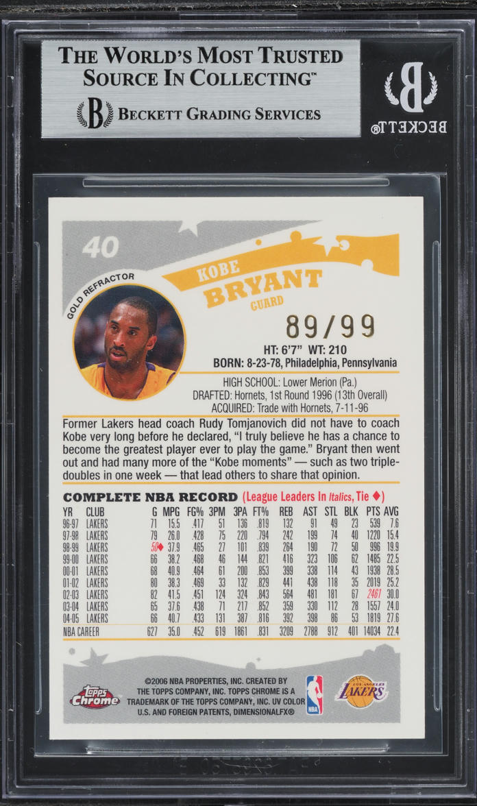 2005 Topps Chrome Gold Refractor Kobe Bryant /99 #40 BGS 8 NM-MT