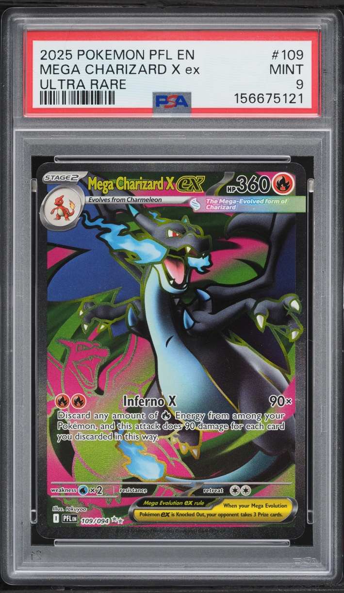 2025 Pokemon Mega Evolution Phantasmal Flames Full Art Mega Charizard X Ex #109 PSA 9 MINT