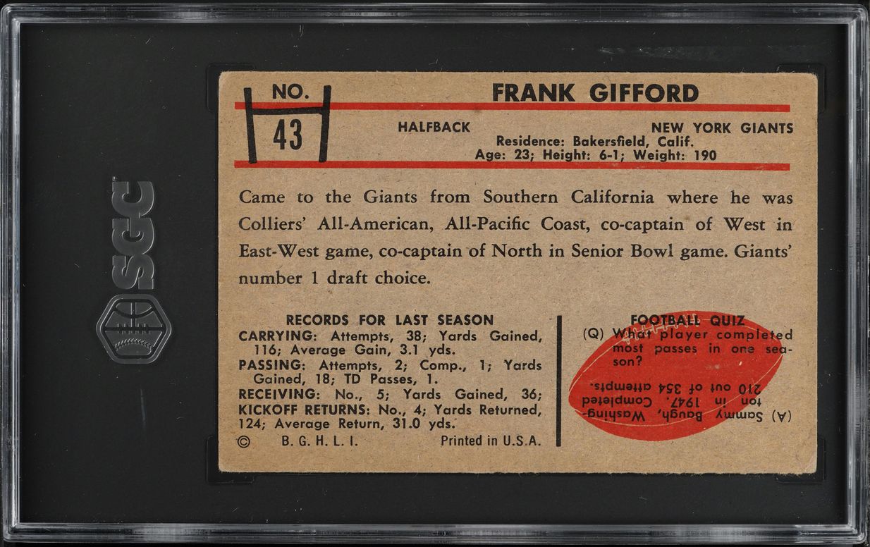 1953 Bowman Football Frank Gifford SP #43 SGC 3.5 VG+