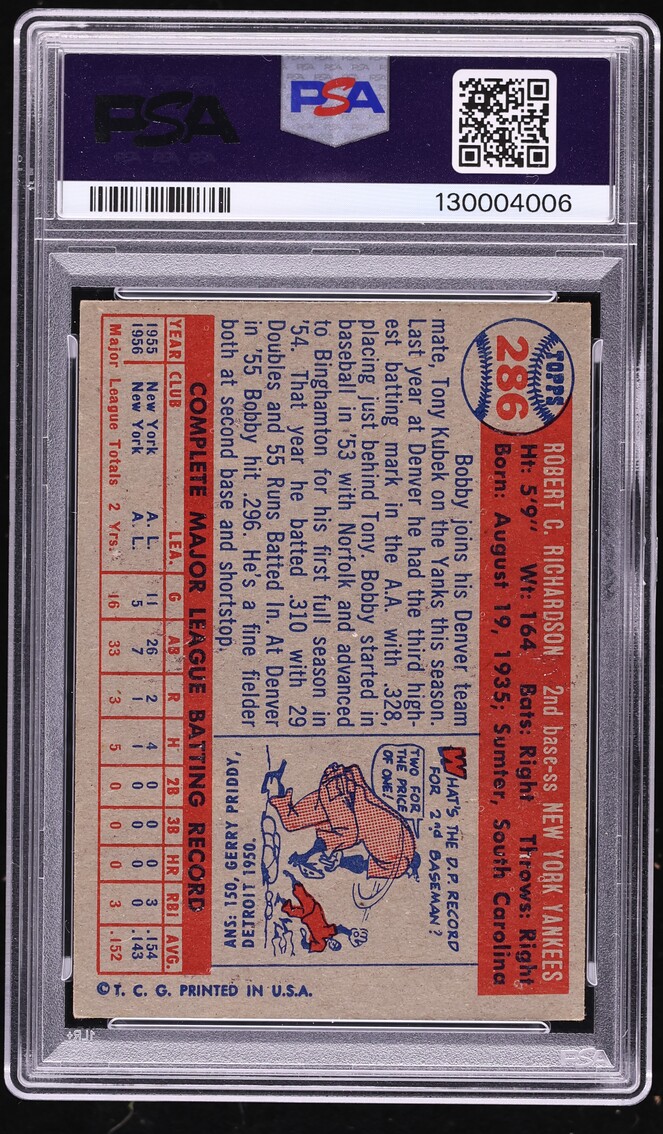 1957 Topps Bobby Richardson ROOKIE #286 PSA 6 EXMT