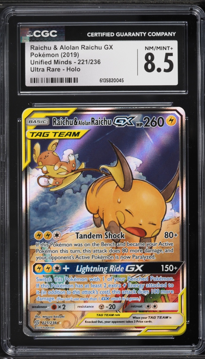 2019 Pokemon SM Unified Minds Alt Art Raichu & Alolan Raichu GX #221 CGC 8.5 NM-MT+