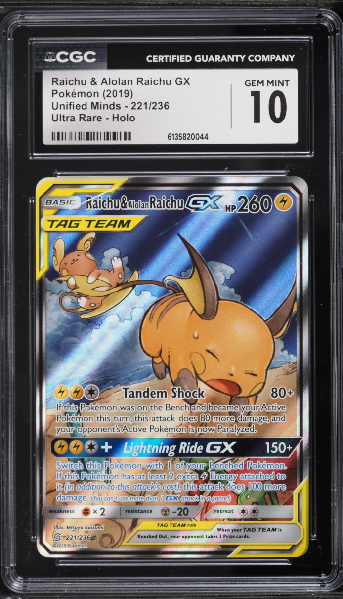 2019 Pokemon SM Unified Minds Alt Art Raichu & Alolan Raichu GX #221 CGC 10 GEM MINT