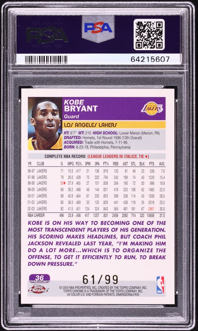 2003 Topps Chrome Gold Refractor Kobe Bryant /99 #36 PSA 10 GEM MINT