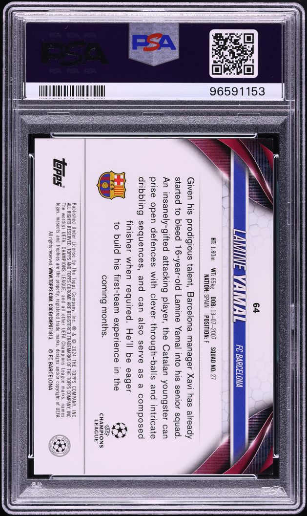 2023 Topps Chrome Sapphire UEFA Club Competitions Red Lamine Yamal ROOKIE 5/5 #64 PSA 9 MINT