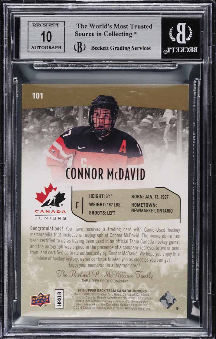 2015 Upper Deck Team Canada Connor McDavid ROOKIE PATCH AUTO /125 #101 BGS 8.5