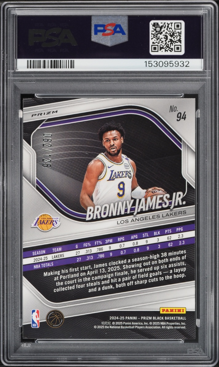 2024 Panini Prizm Black Blue Ice Bronny James Jr. ROOKIE /125 #94 PSA 9 MINT